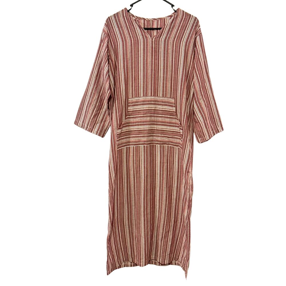 Large Boho Striped Kaftan Maxi Dress V-Neck Tunic Kangaroo Pocket Hippie Earthy